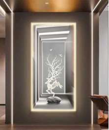 Ghazzele Grey And White Crystall Painting With Led Light Gold Frame